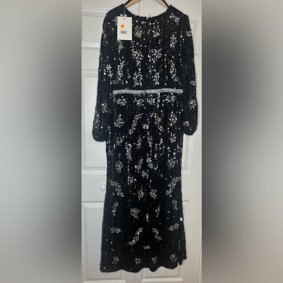 NWT $1598 Mac Duggal Embellished Wrap‎ Over Bishop Sleeve Gown Black Style 93616 - Picture 8 of 11